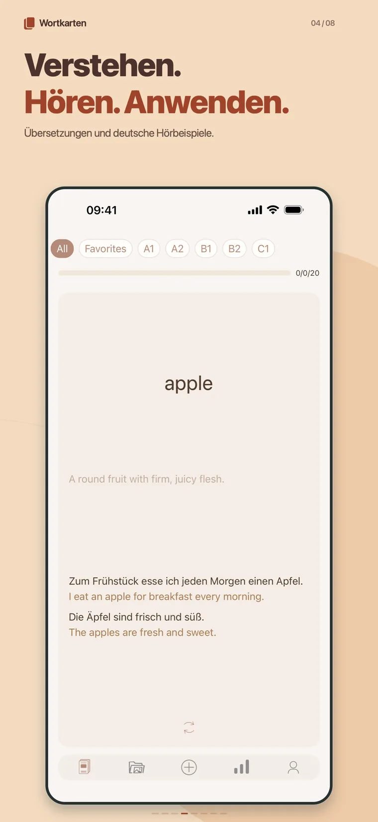 Rückseite einer Karte mit Übersetzung und übersetzten Beispielsätzen
