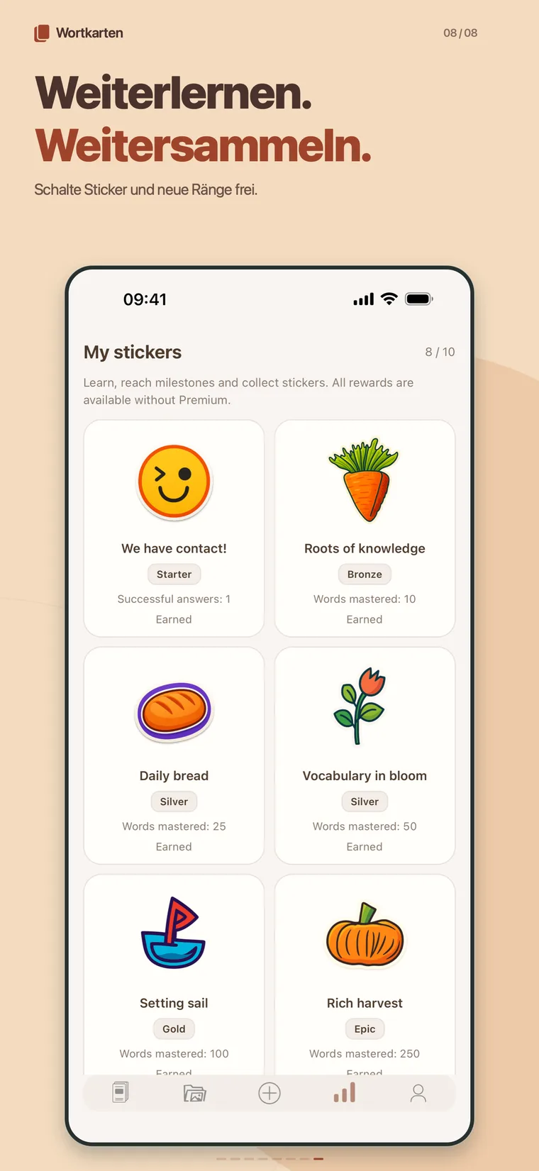 Gesammelte Sticker mit ihren Rängen