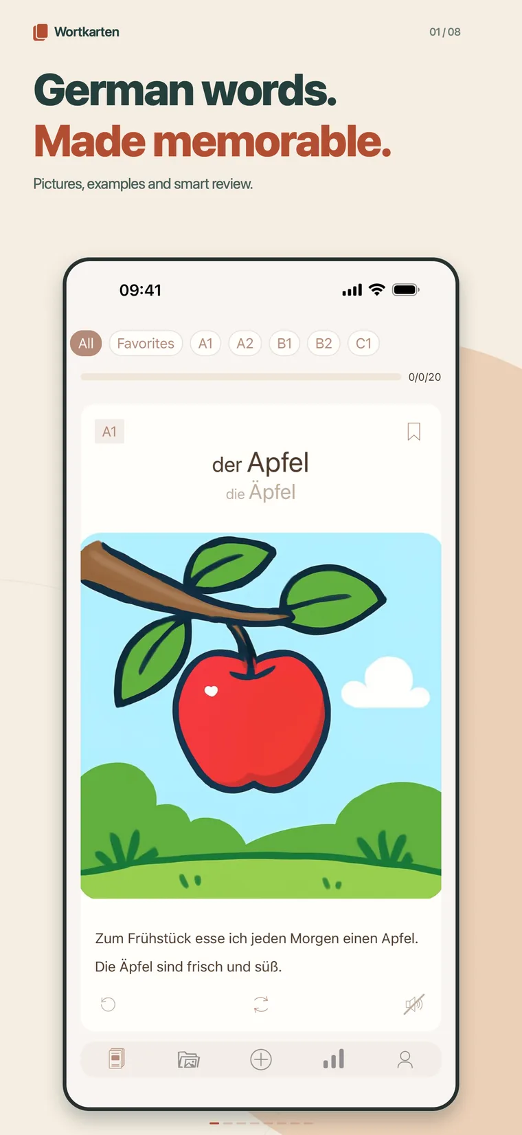 A German flashcard with article, plural, picture and example sentences