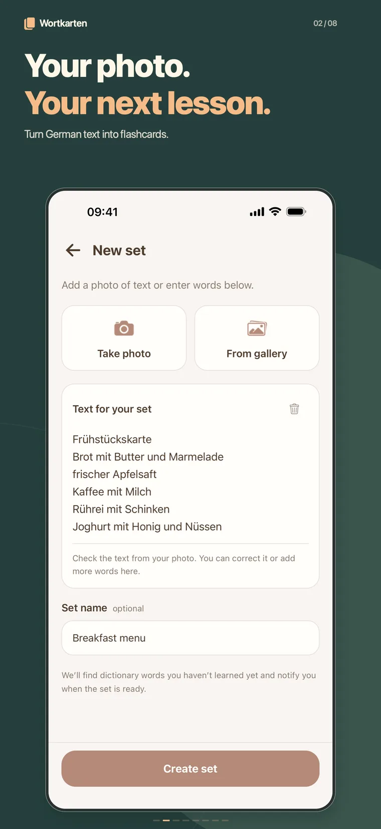 Creating a new set from a photo of German text