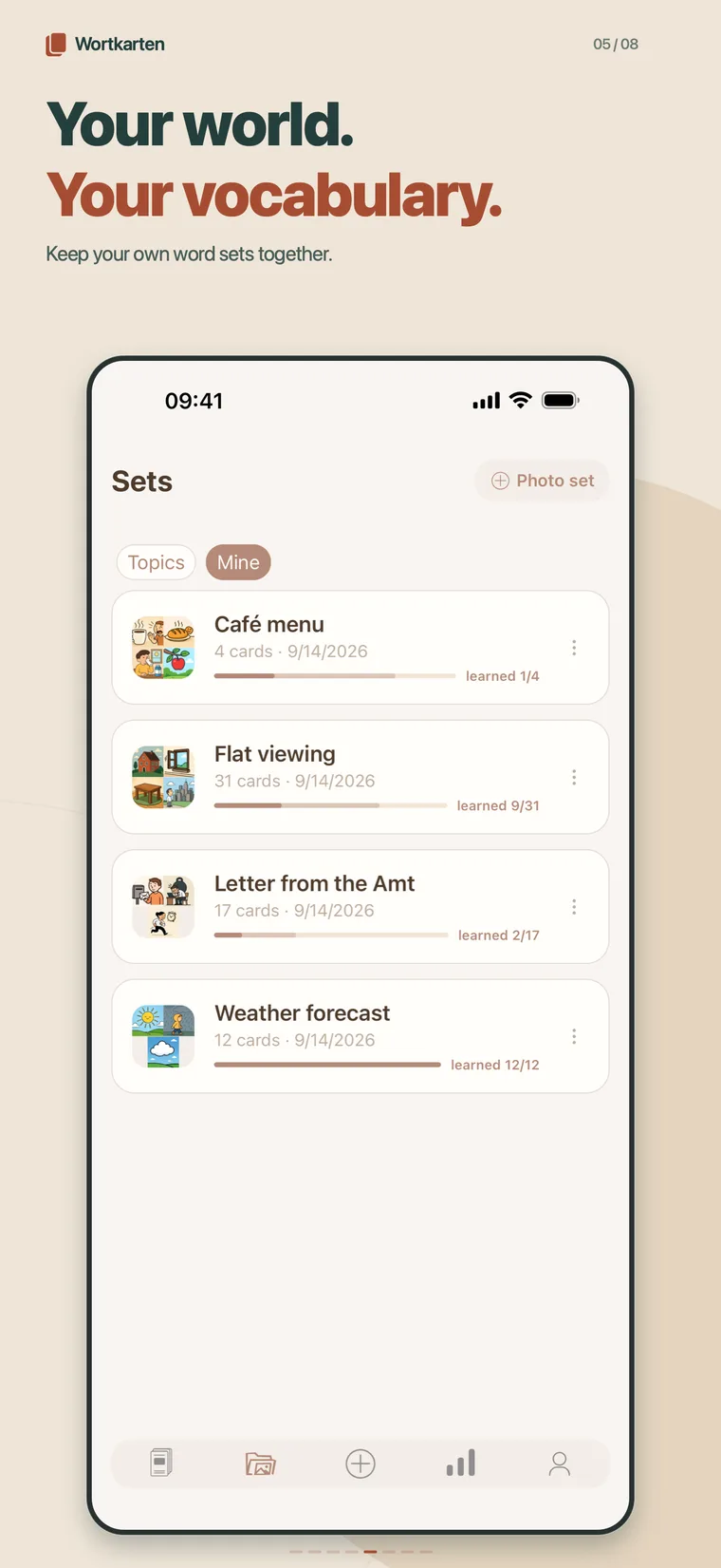 Your own word sets with learning progress