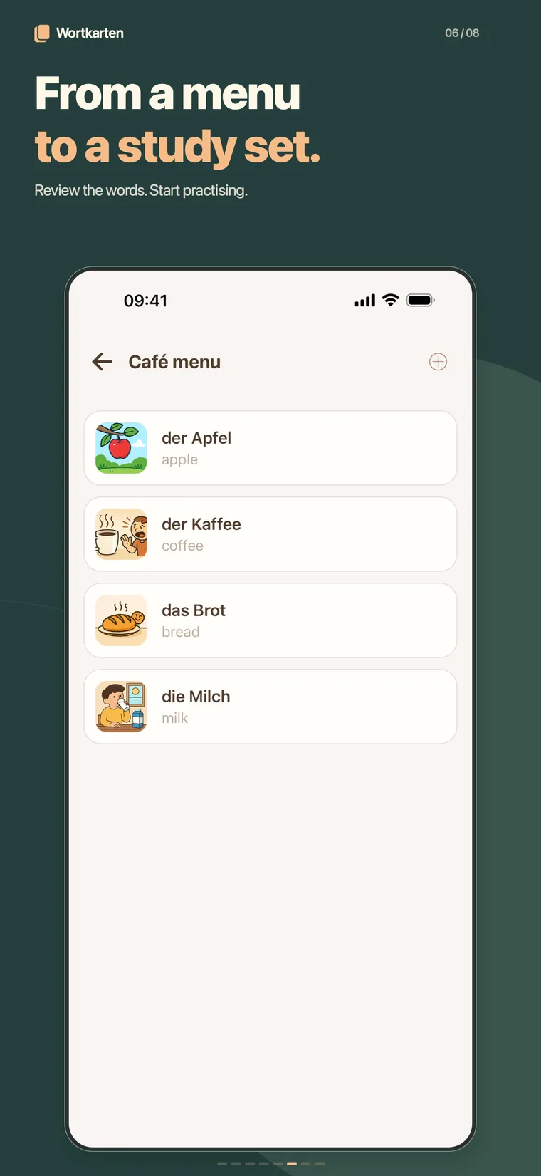A set created from a café menu, listing its words