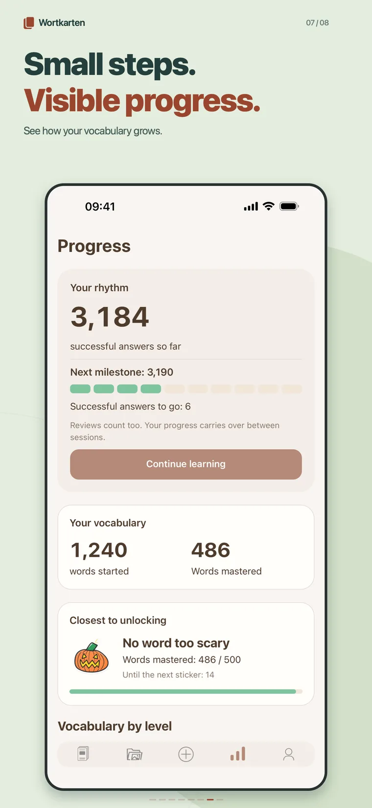Progress screen with successful answers and words mastered