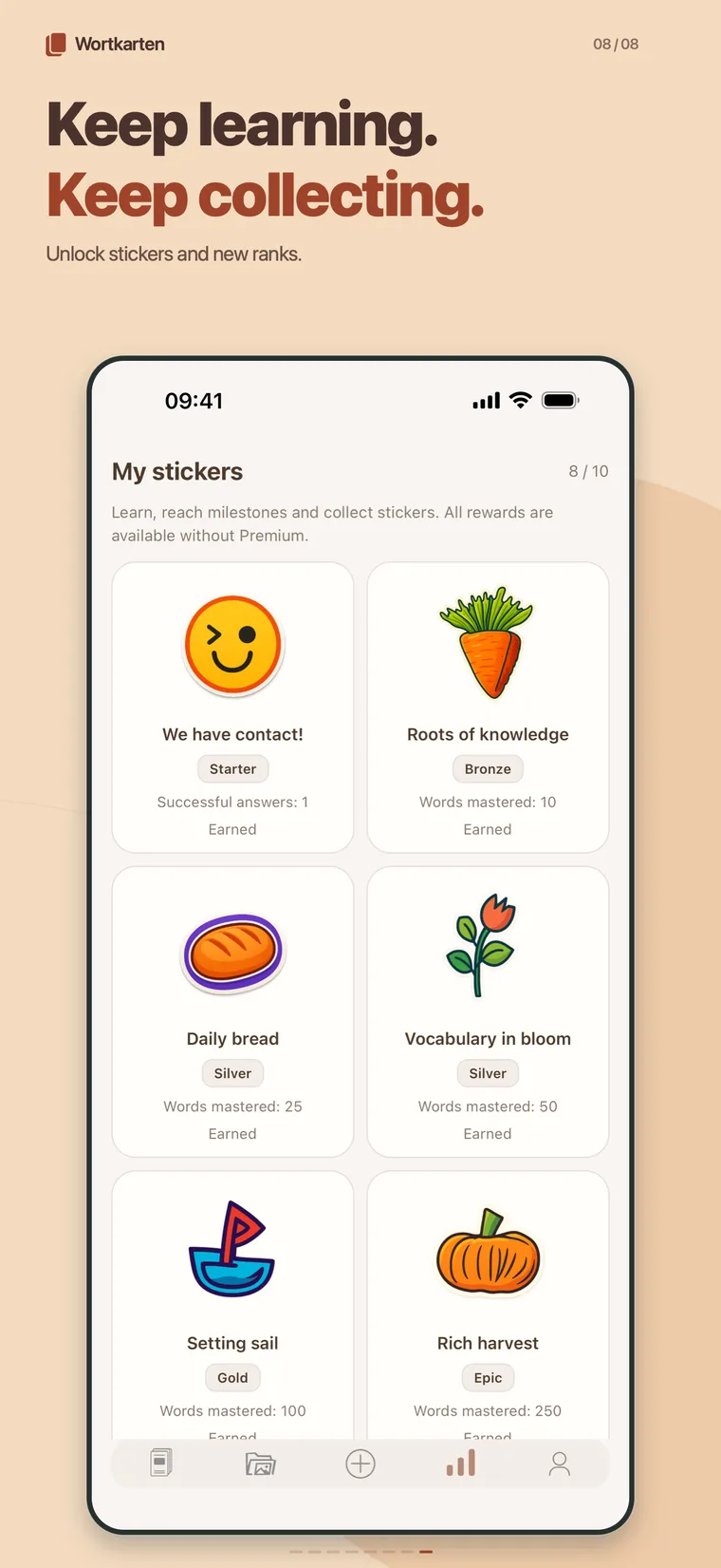 Collected stickers with their ranks